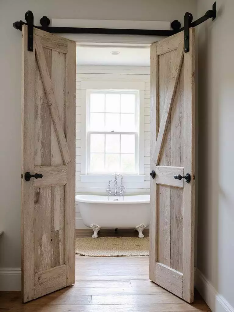 Rustic sliding barn door bathroom entry in farmhouse style