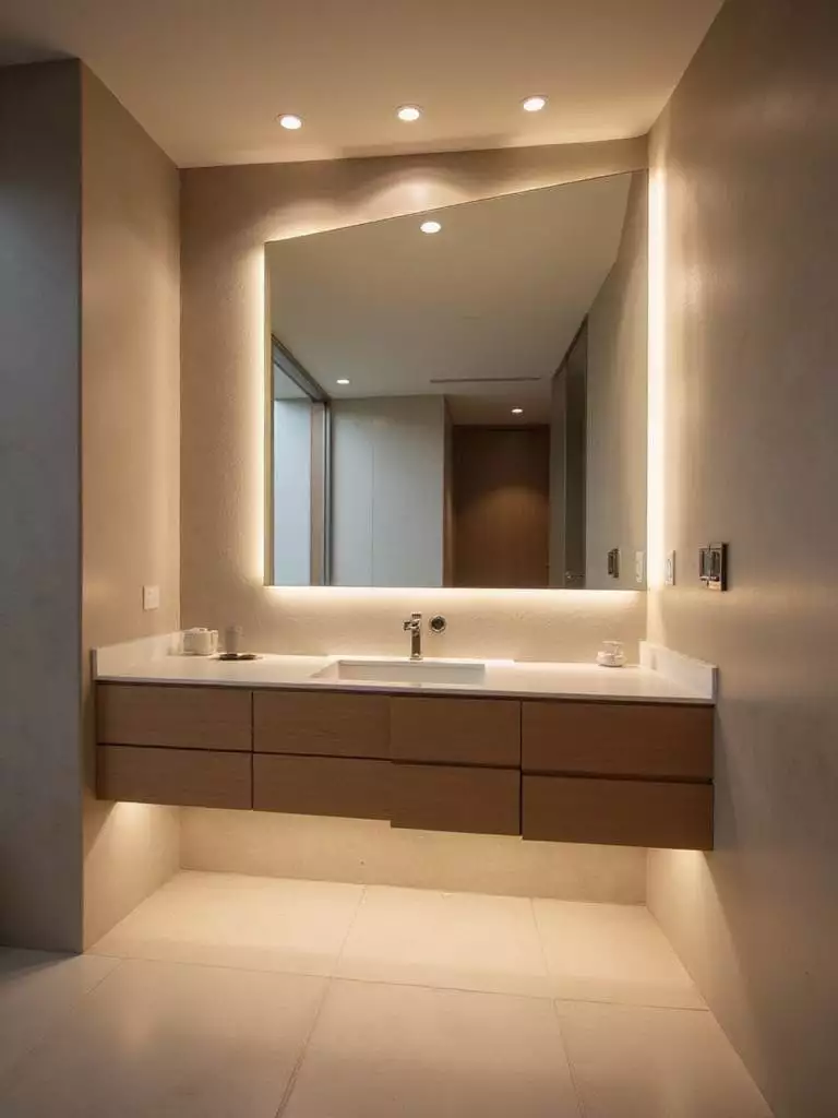 Modern bathroom with smart LED lighting under vanity and behind mirror