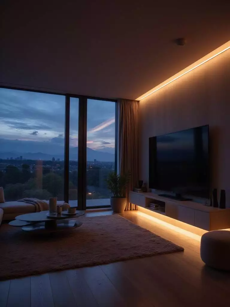 Modern living room illuminated by smart lighting, including recessed lights and TV backlighting, creating a relaxing ambiance.