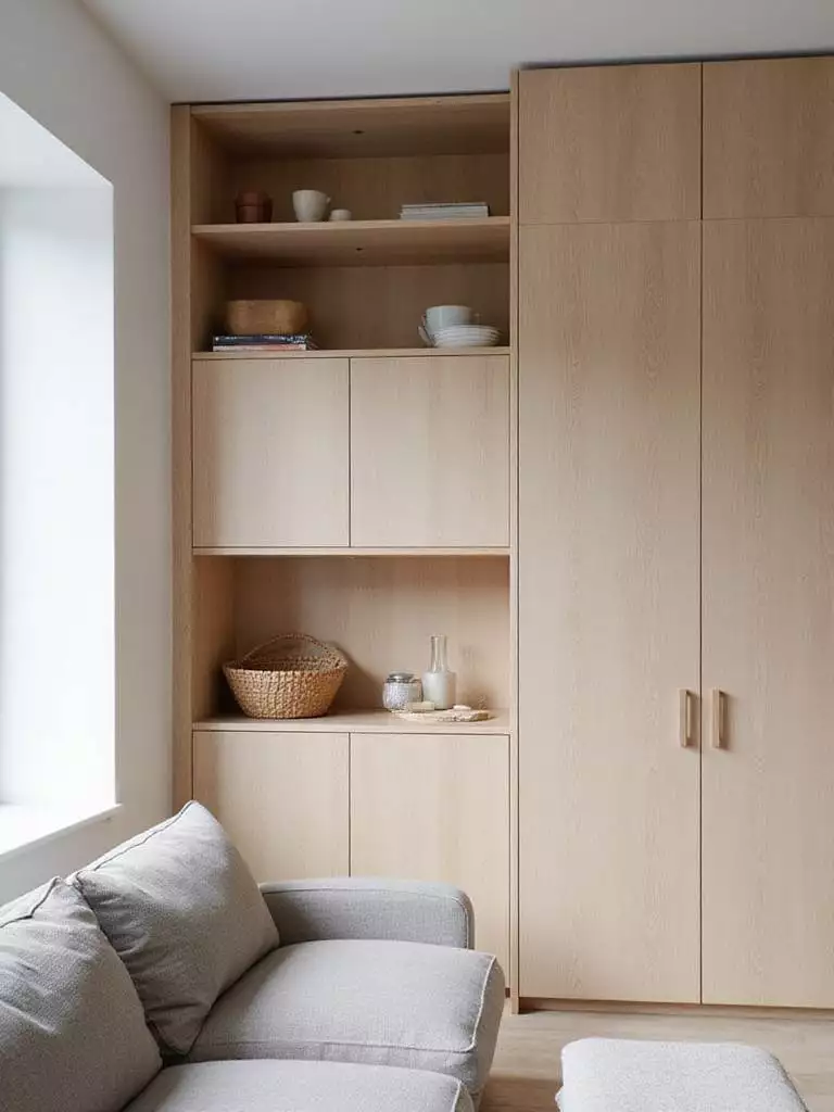 Scandinavian living room featuring a light oak built-in storage unit with open shelving and closed cabinets.