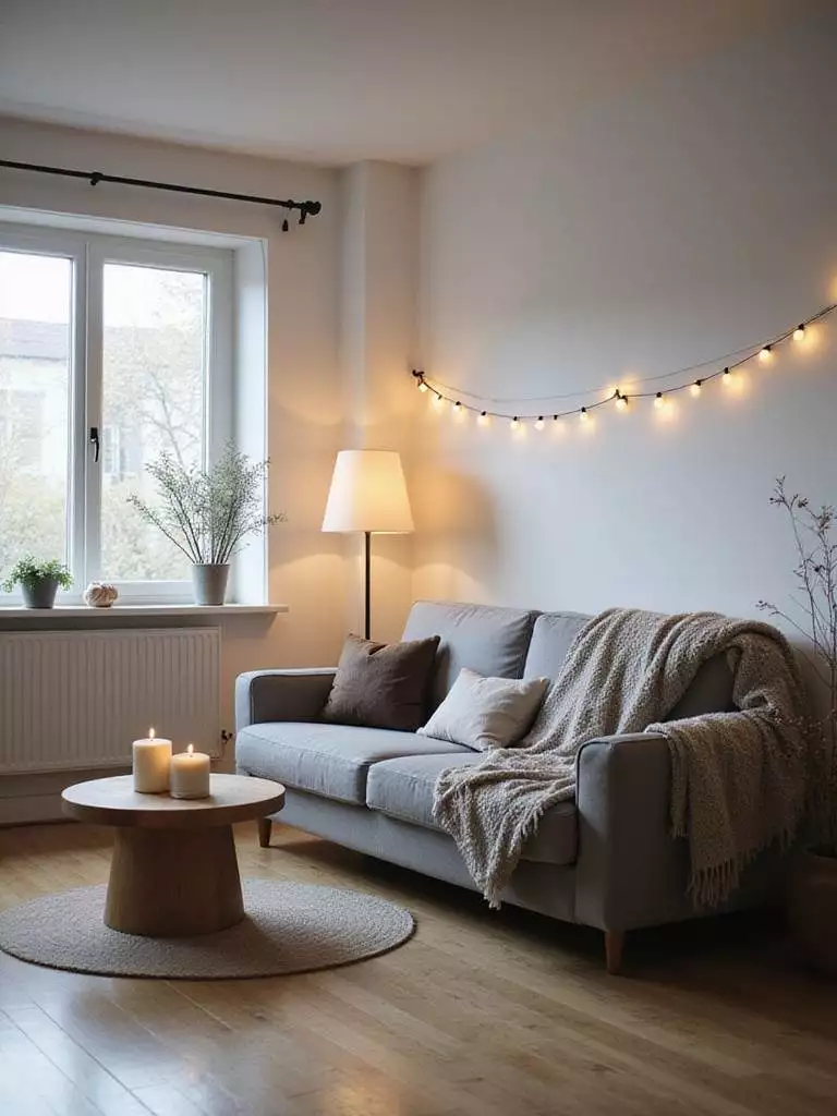 Cozy Scandinavian living room with soft ambient lighting from candles, lamps, and string lights.