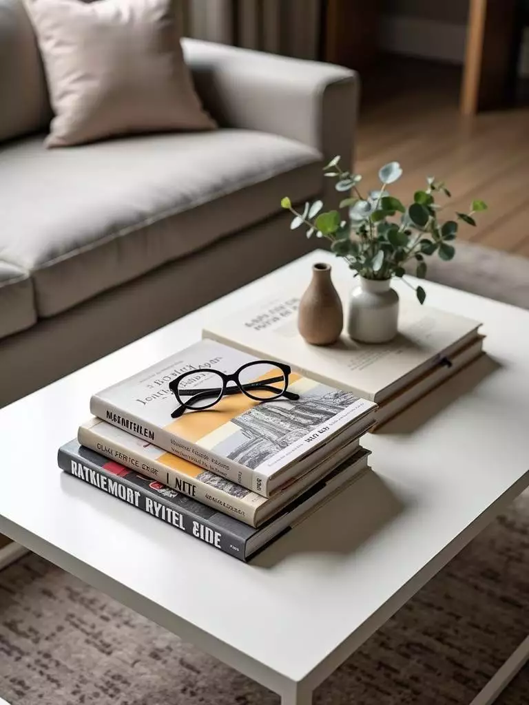 Coffee table styling with stacks of art, architecture, travel, and design books, topped with a vase of eucalyptus and reading glasses.