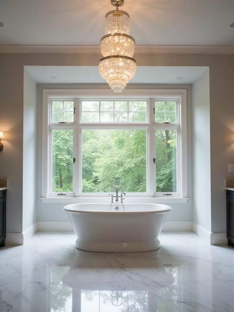 Luxurious bathroom featuring a modern crystal chandelier hanging above a freestanding bathtub.