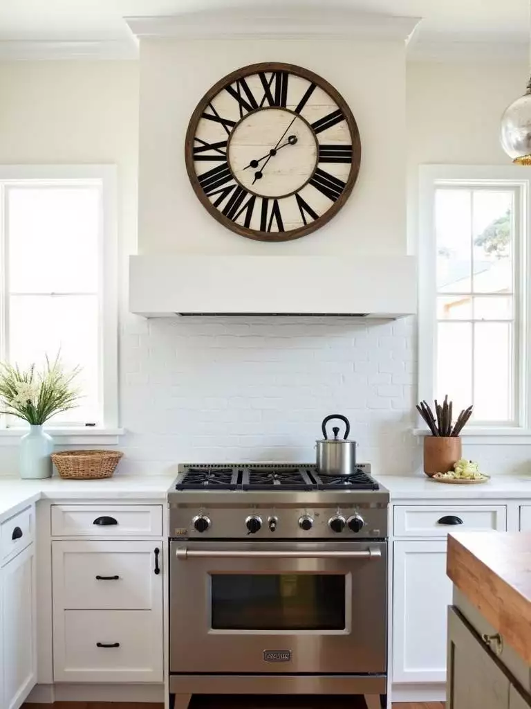 Statement wall clock with distressed wood frame in a farmhouse kitchen