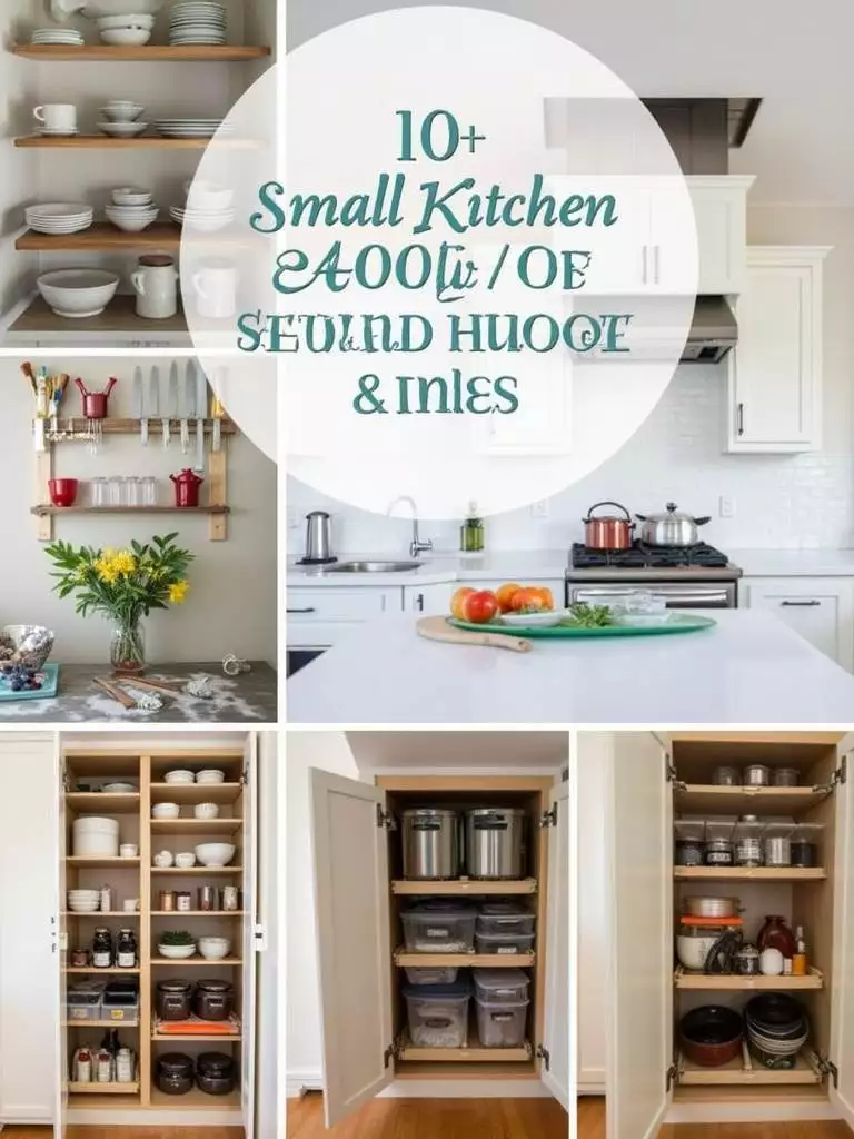 Small kitchen with smart storage solutions: open shelving, magnetic knife strip, pull-out shelves, and organized pantry.
