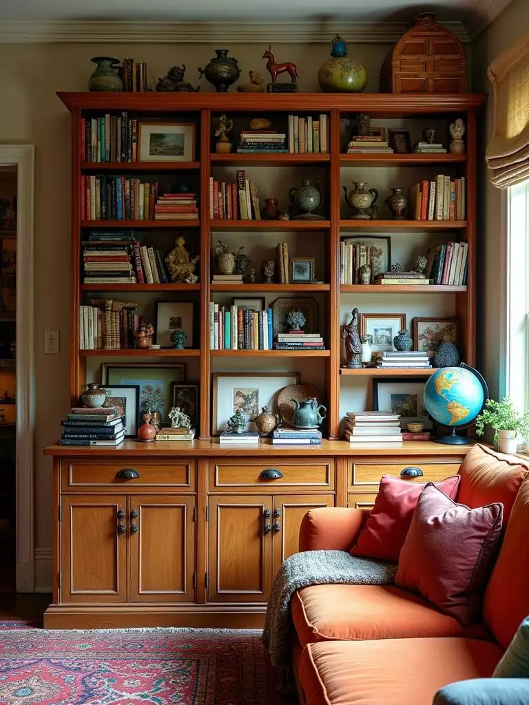 Eclectic living room bookshelf displaying travel souvenirs and personal treasures.