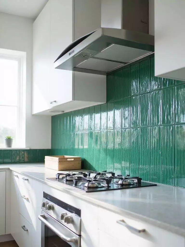 Modern kitchen backsplash featuring vertically stacked emerald green glass subway tile.