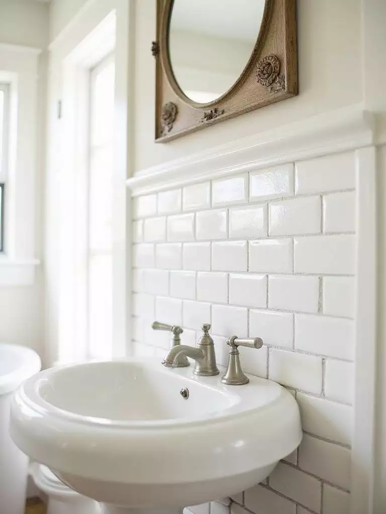 Farmhouse bathroom with white subway tile backsplash and light gray grout.