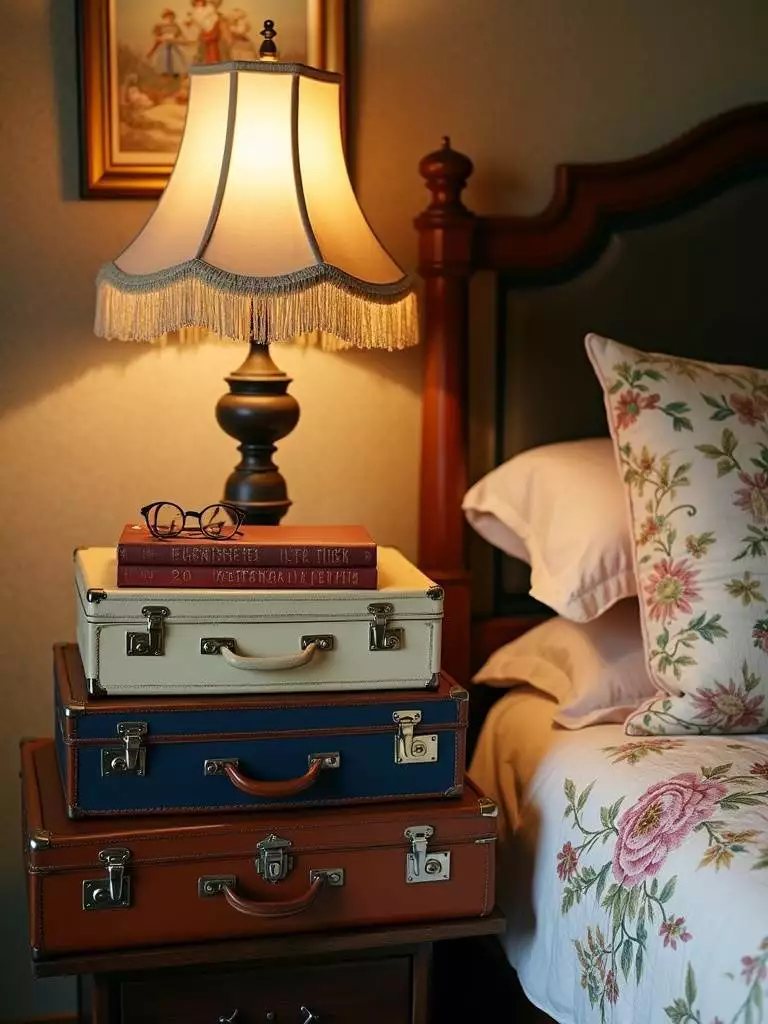 Vintage suitcases stacked as a unique bedside table in a vintage bedroom.