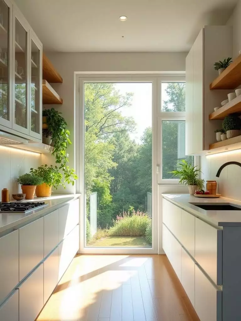 Small kitchen design with large window maximizing natural sunlight