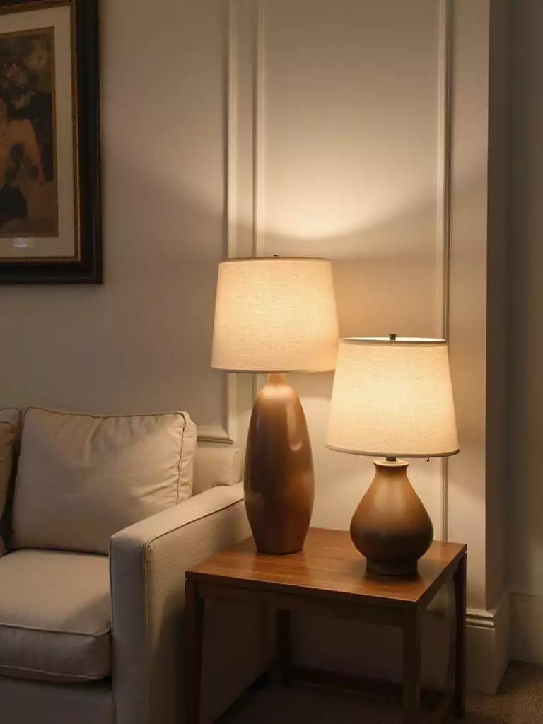 Living room with two ceramic table lamps providing warm, ambient lighting.
