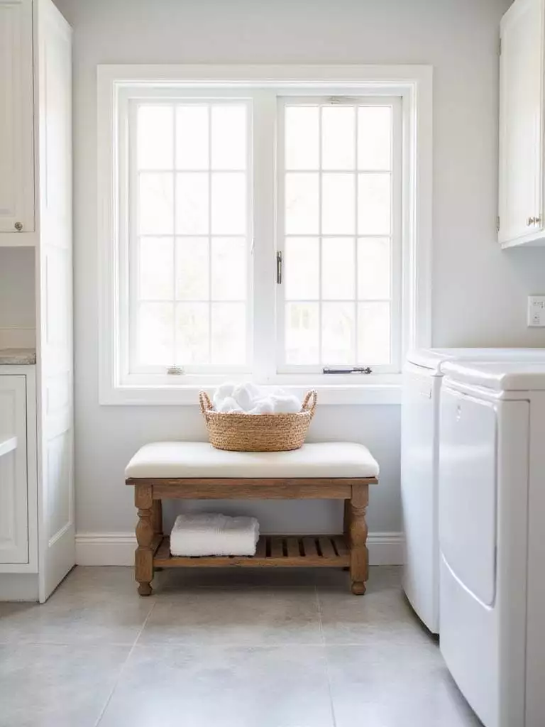 Laundry room with white cabinets and a charming vintage-style wooden bench