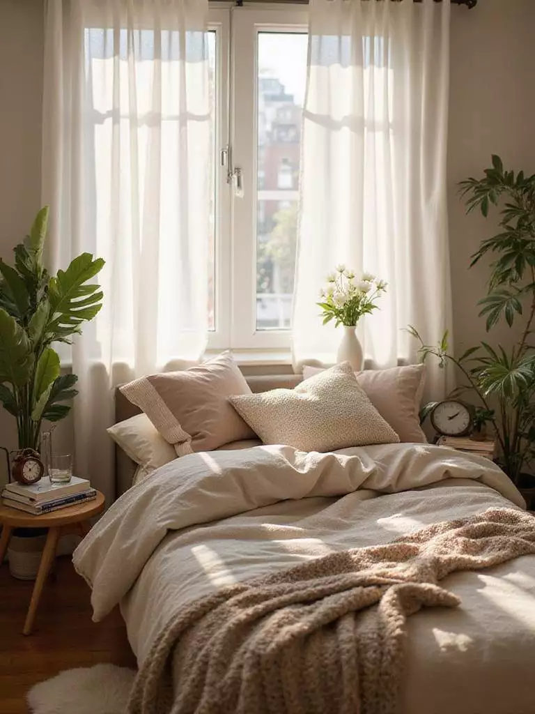 Tech-free bedroom with soft lighting, comfortable bedding, and natural elements.