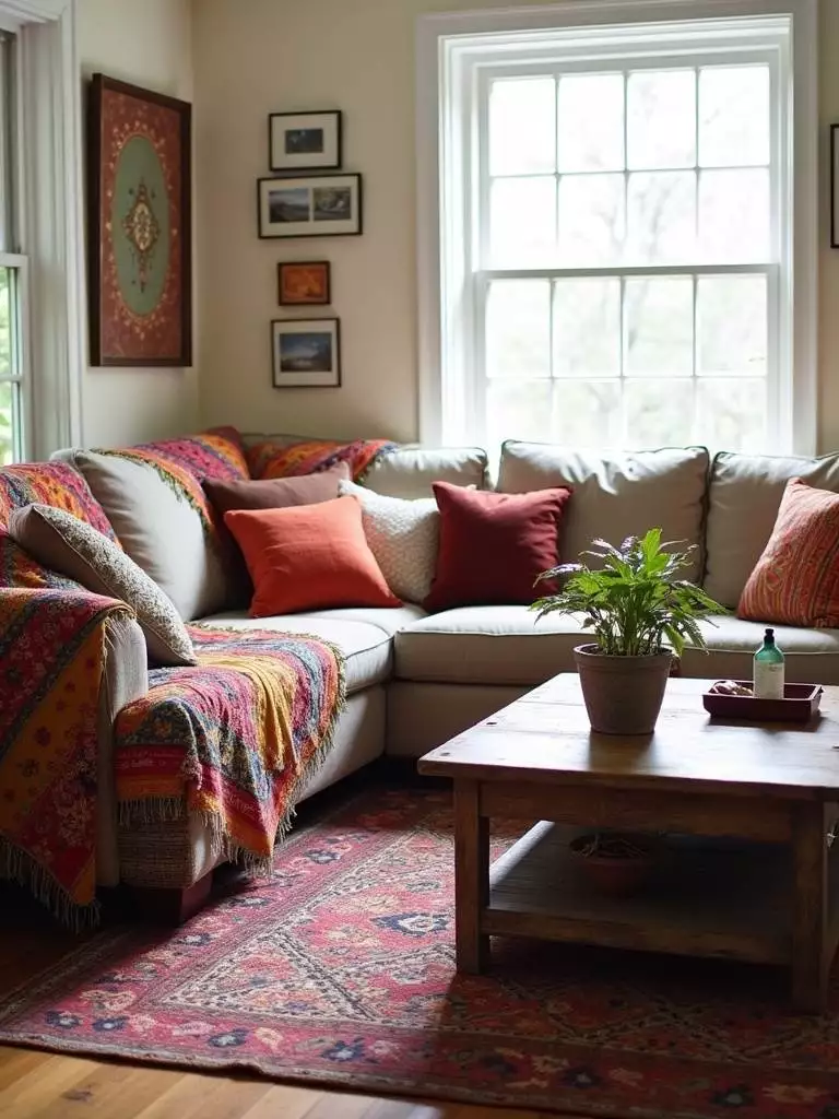 Eclectic living room with layered textiles, including a Kantha quilt, kilim cushion, and mismatched throw pillows.