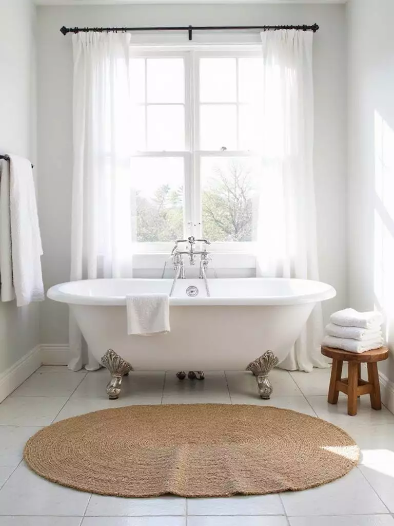 Farmhouse bathroom with clawfoot tub and natural jute rug