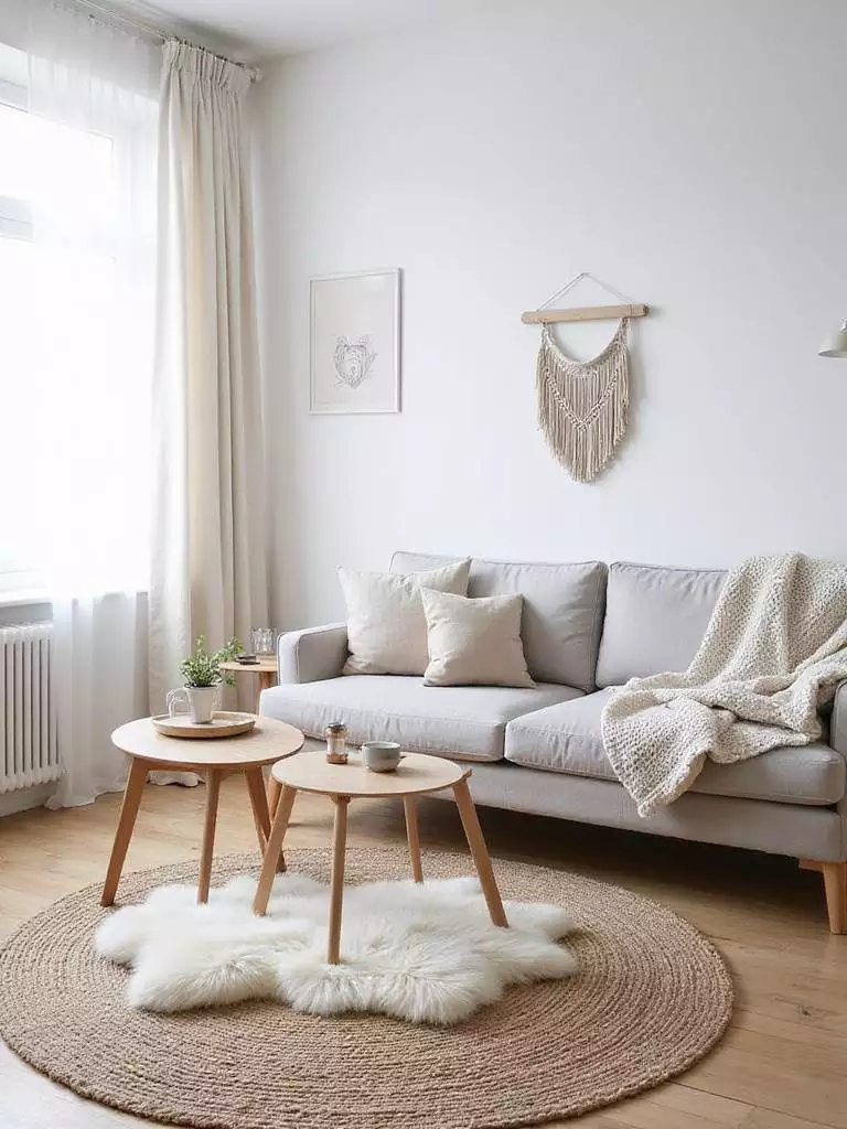Scandinavian living room with layered rugs, linen cushions, and chunky knit throw blanket.