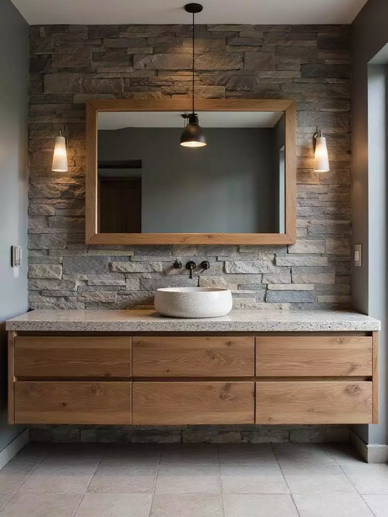 Modern bathroom featuring reclaimed wood vanity, granite countertop, and slate accent wall.