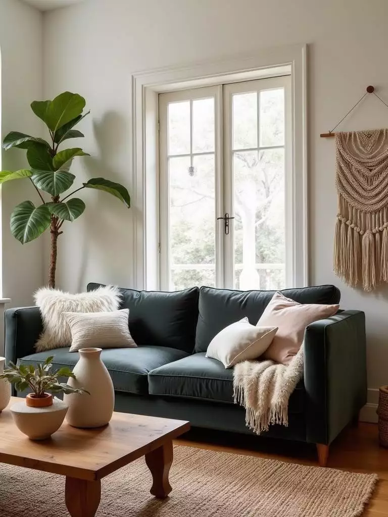Eclectic living room with layered textures: velvet sofa, jute rug, linen pillows, wooden coffee table, and macrame wall hanging.