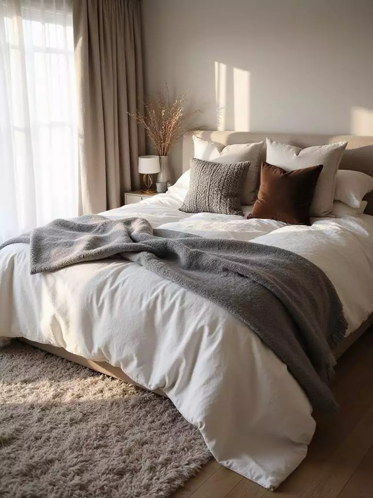 Luxurious bedroom with layered textures including linen, wool, velvet, knit, and faux fur.