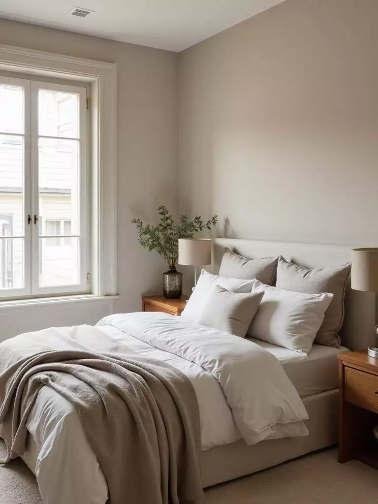 Bedroom with linen-like textured accent wall behind bed