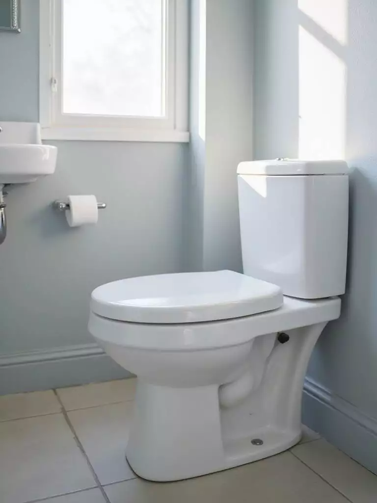 Modern bathroom with a new, clean white toilet seat