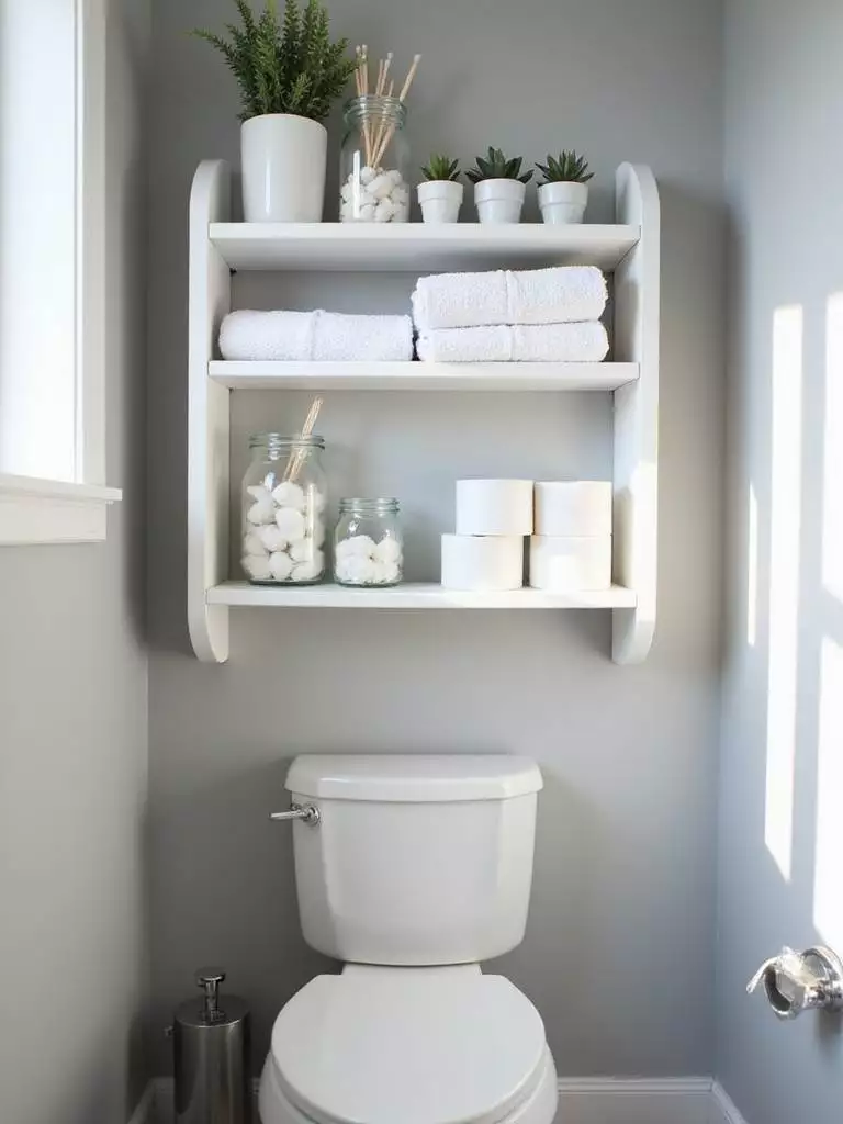 Organized toiletries on shelves above a toilet in a modern bathroom.