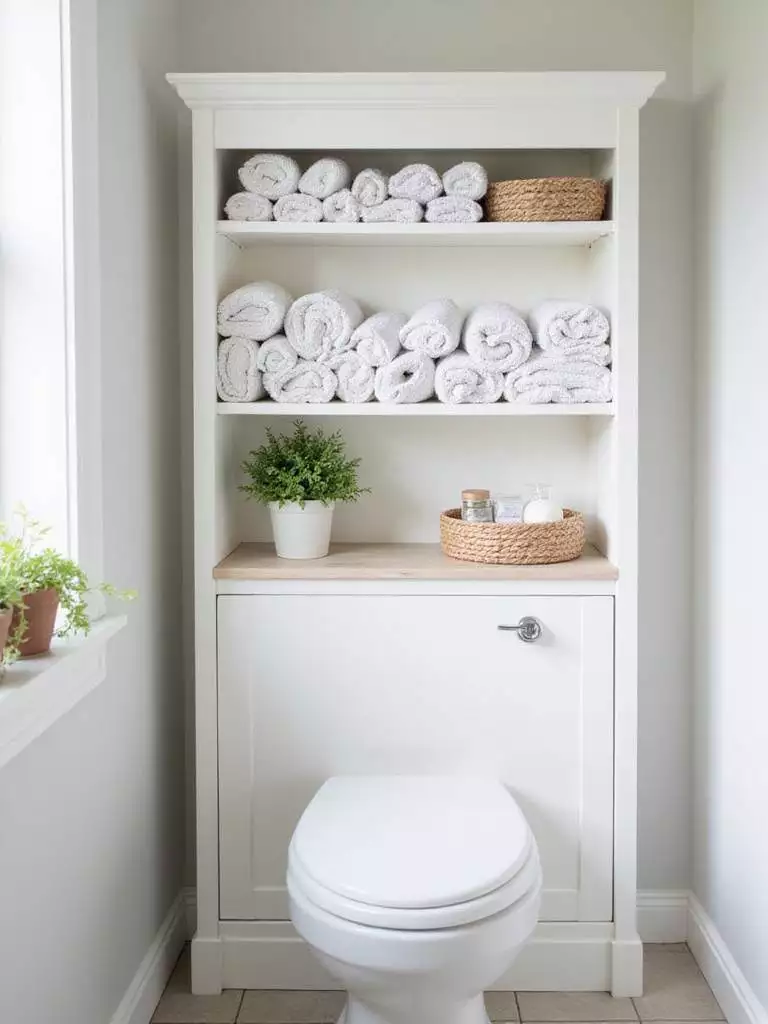 Over-toilet shelves with rolled towels and woven baskets in a bright bathroom.