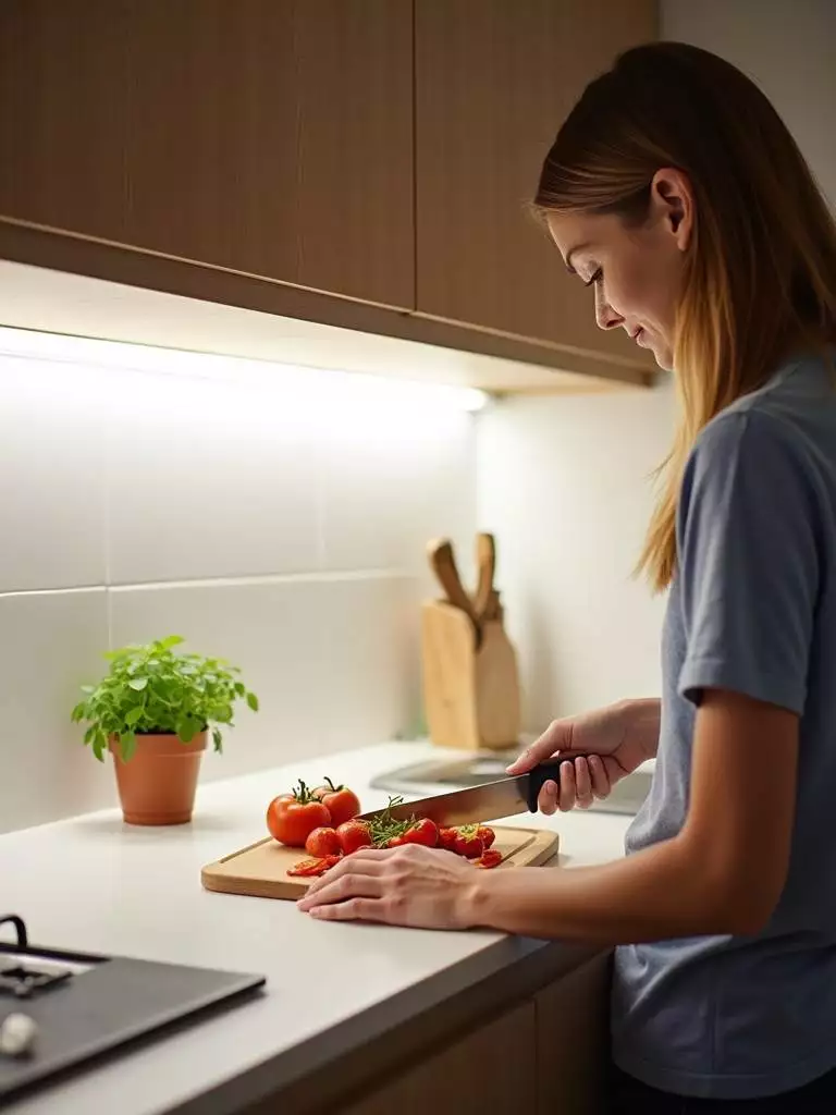 Bright and efficient under cabinet lighting illuminating a small kitchen workspace.