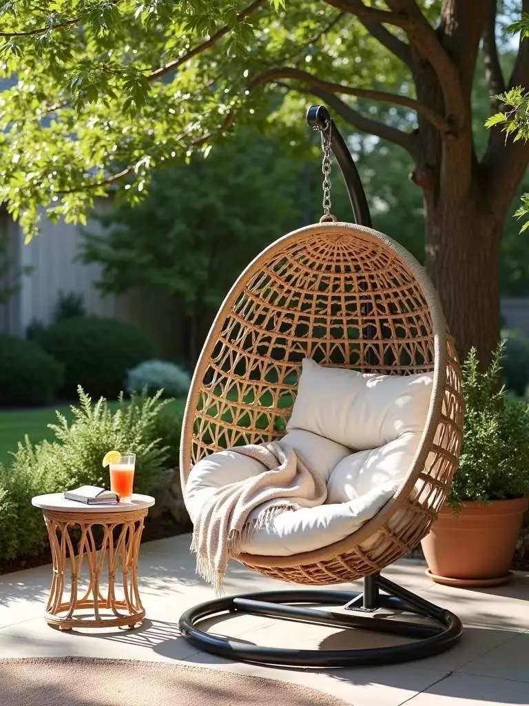 Relaxing egg chair on a patio with plush cushions and a side table for drinks and books.