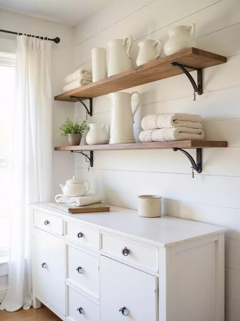 Farmhouse bedroom with open shelving displaying decorative accents.