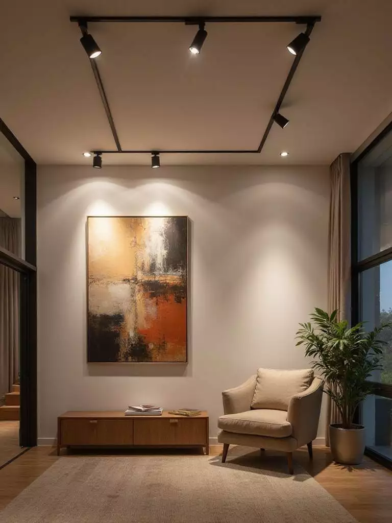 Modern living room featuring track lighting highlighting artwork and creating a warm ambiance.