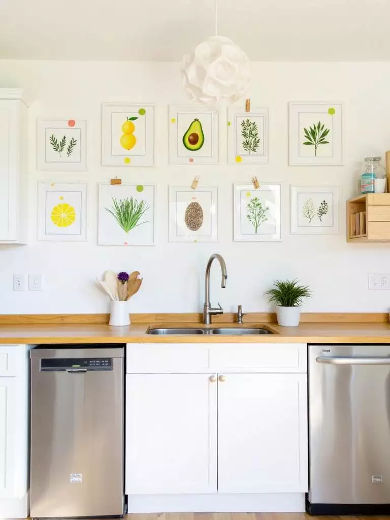 Kitchen wall decor featuring vibrant food-themed art prints.