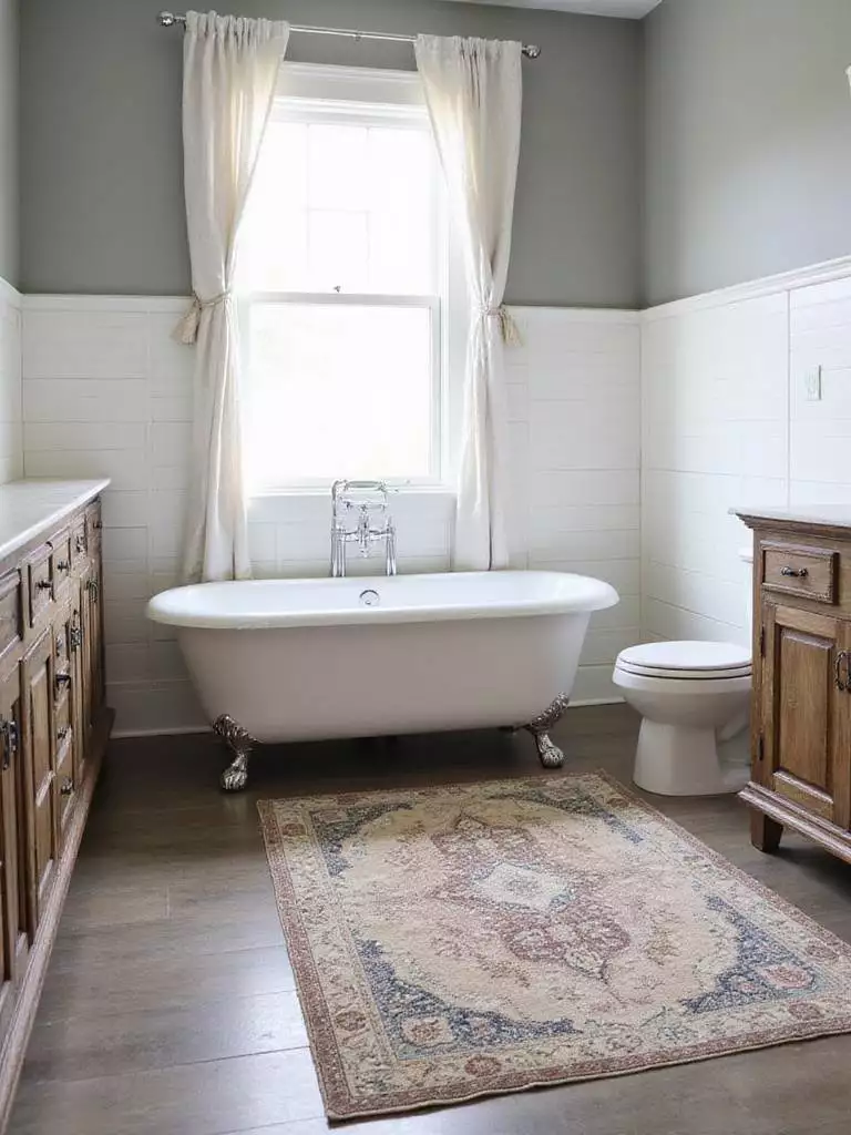 Rustic bathroom featuring a vintage-inspired Persian rug in front of a reclaimed wood vanity.
