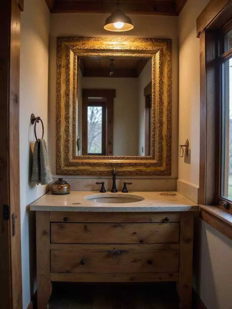 Rustic bathroom featuring a vanity with a distressed gold-framed vintage mirror reflecting the room.