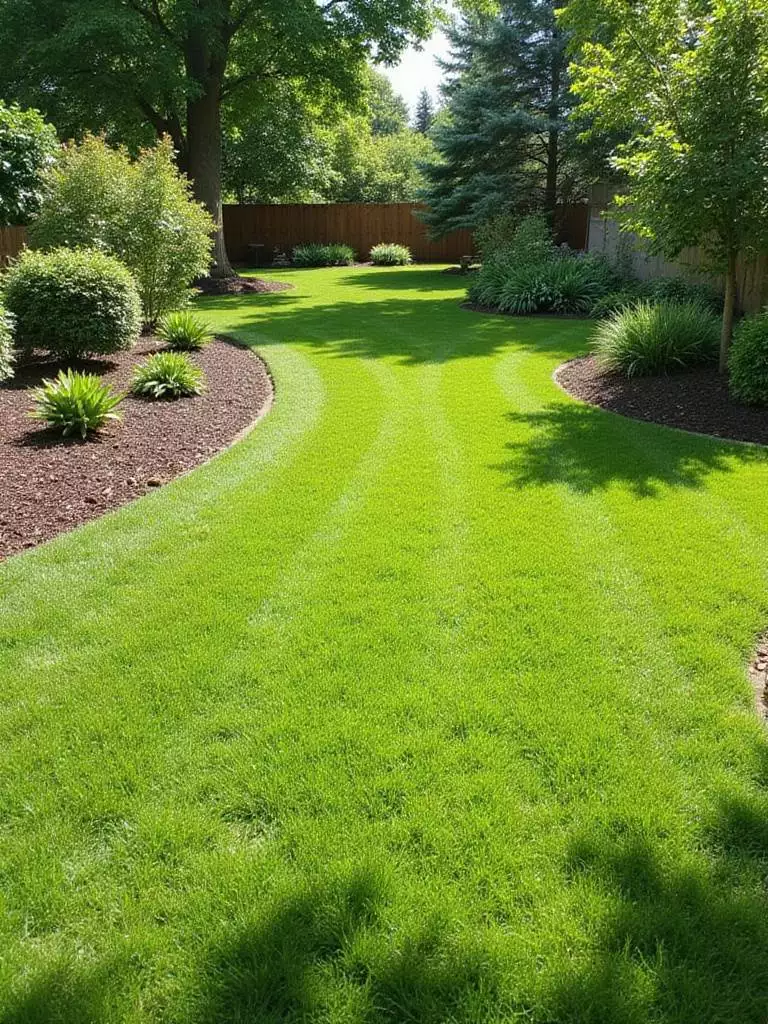 Beautiful, weed-free yard with lush green lawn and neatly mulched flower beds.
