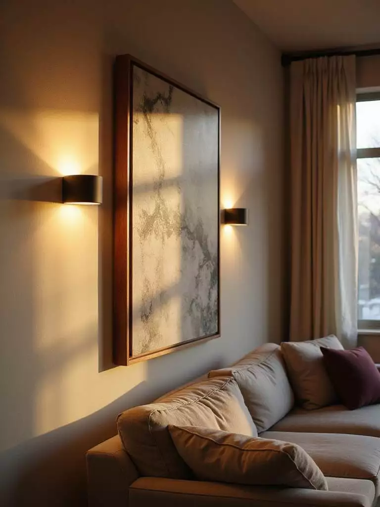 Modern living room with wall sconces providing soft, ambient lighting.