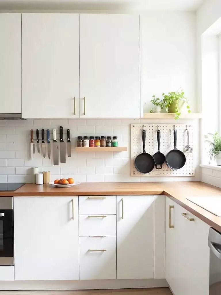 Small kitchen with wall-mounted storage solutions including magnetic knife strip, spice rack, and pegboard organizer, maximizing counter space.
