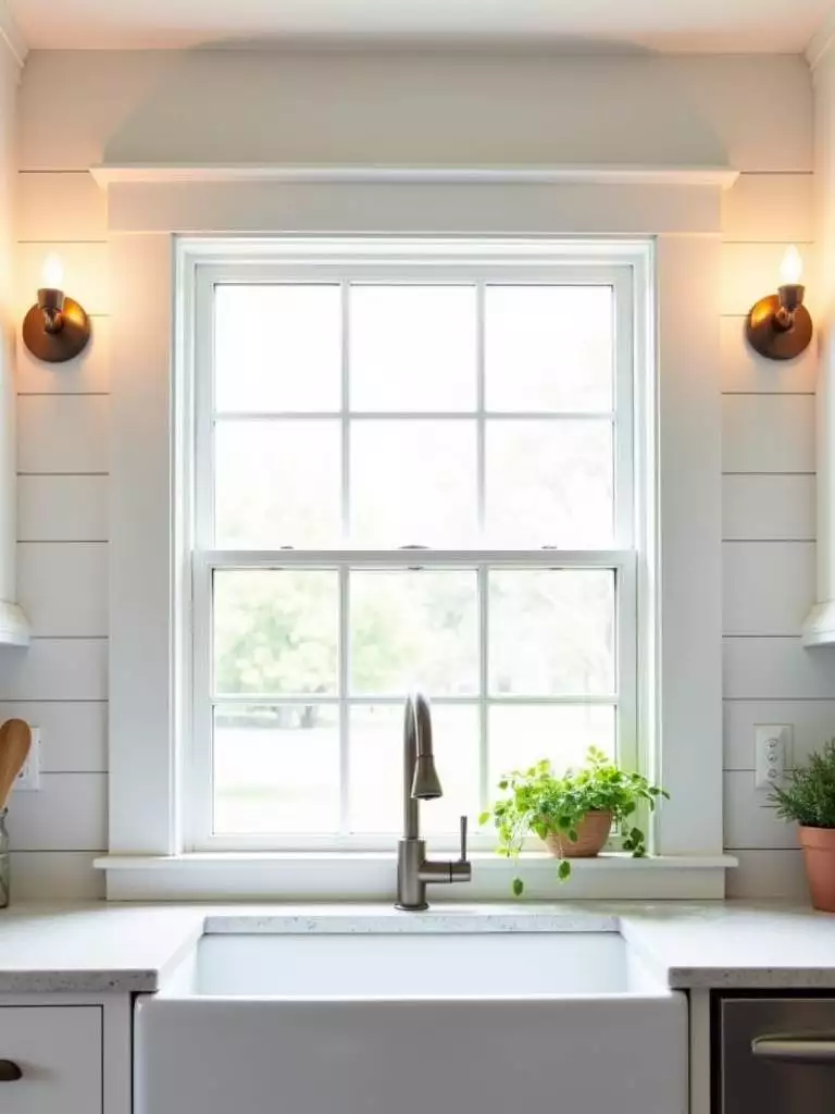 Kitchen with warm wall sconces flanking a window above a farmhouse sink.