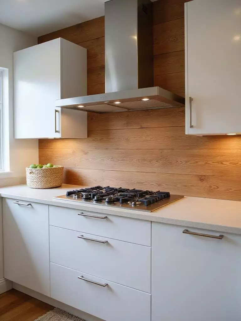 Contemporary kitchen with warm wood plank backsplash
