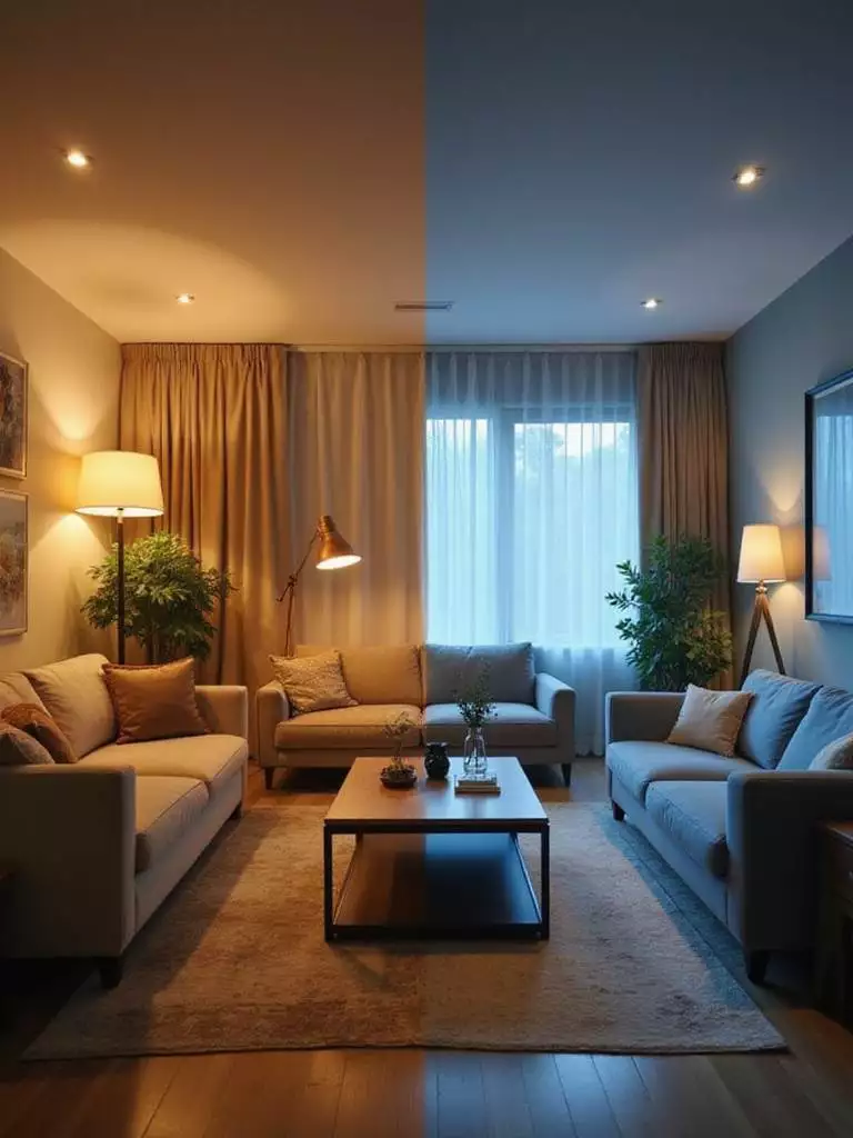Living room split in half, showing the difference between warm and cool lighting.