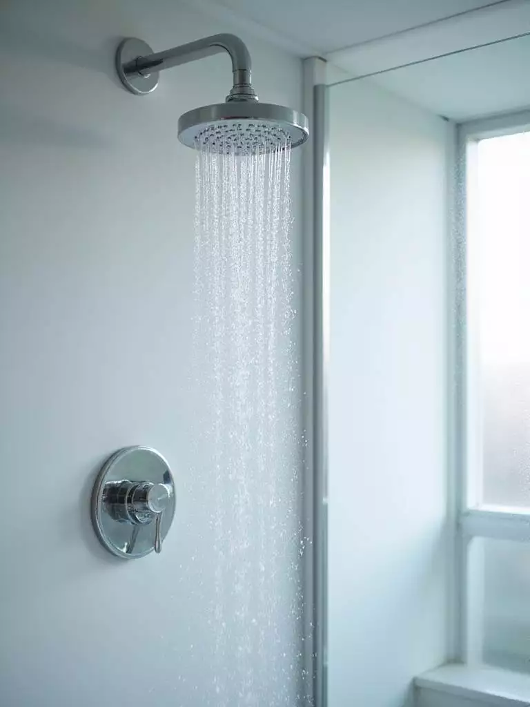 Modern bathroom shower with a chrome low-flow showerhead in use.