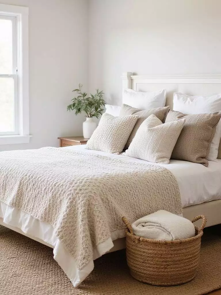 Farmhouse bedroom with woven textures: chunky knit blanket, woven pillows, jute rug