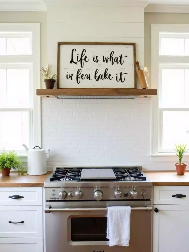Whimsical typography sign reading ‘Life is what you bake it’ in a modern farmhouse kitchen.