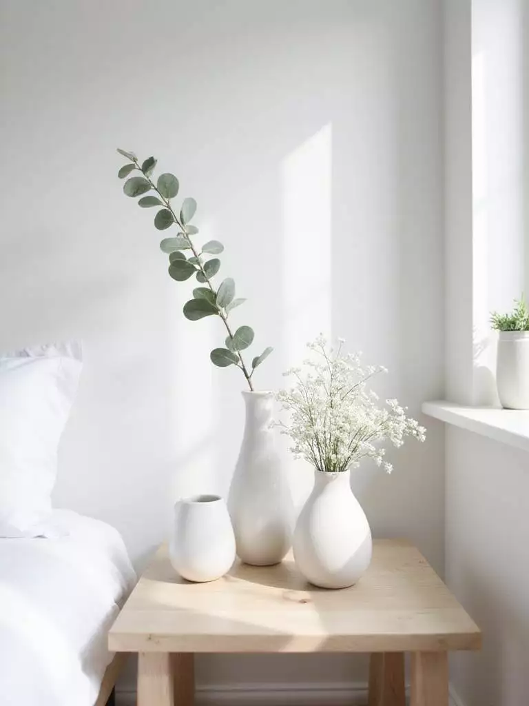 White bedroom with white ceramic vases holding flowers and greenery on a bedside table.