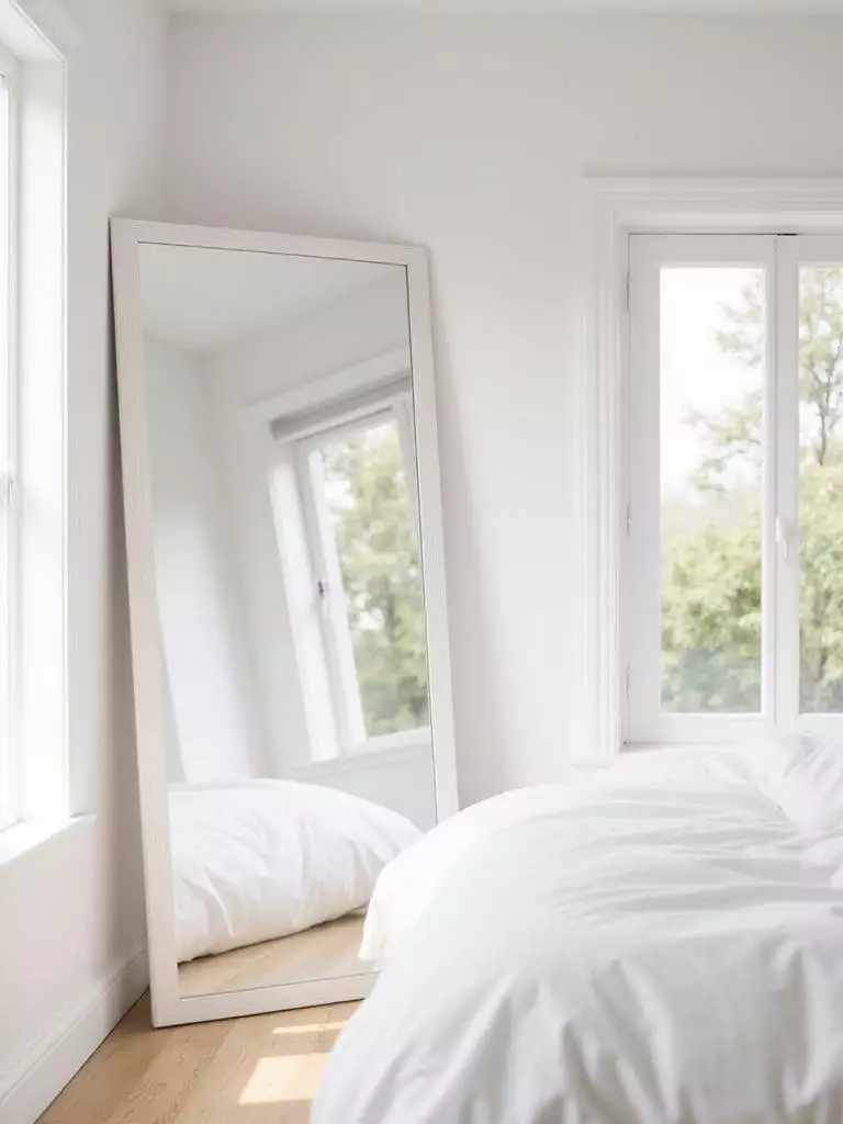 White bedroom with a white framed mirror reflecting natural light and creating a sense of spaciousness.