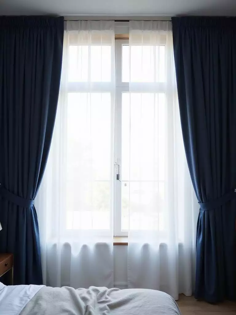 Bedroom window with layered sheer and blackout curtains for light control and privacy.