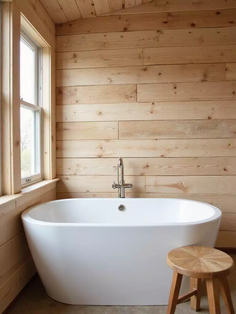 Rustic bathroom with wood plank wall behind freestanding bathtub