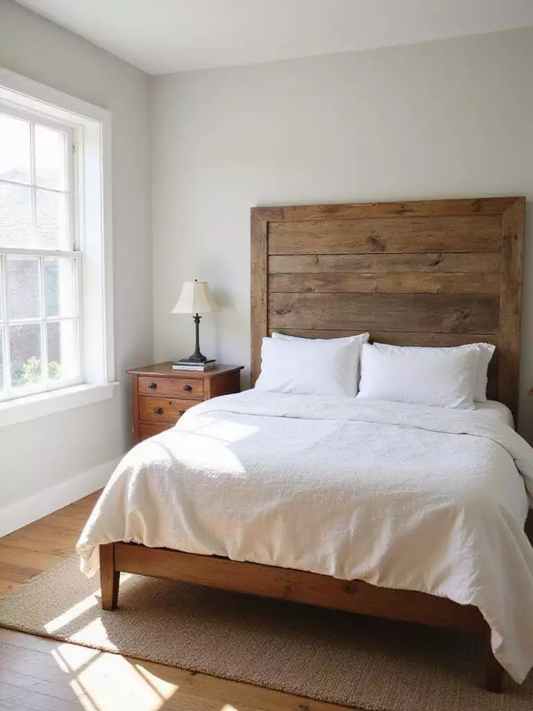 Farmhouse bedroom with reclaimed wood headboard and rustic accents