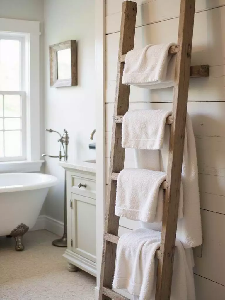 Rustic bathroom with a wooden ladder towel rack holding folded white towels.