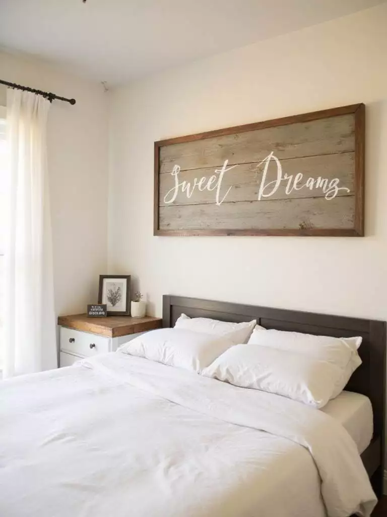 Farmhouse bedroom with rustic wood sign above the bed reading Sweet Dreams